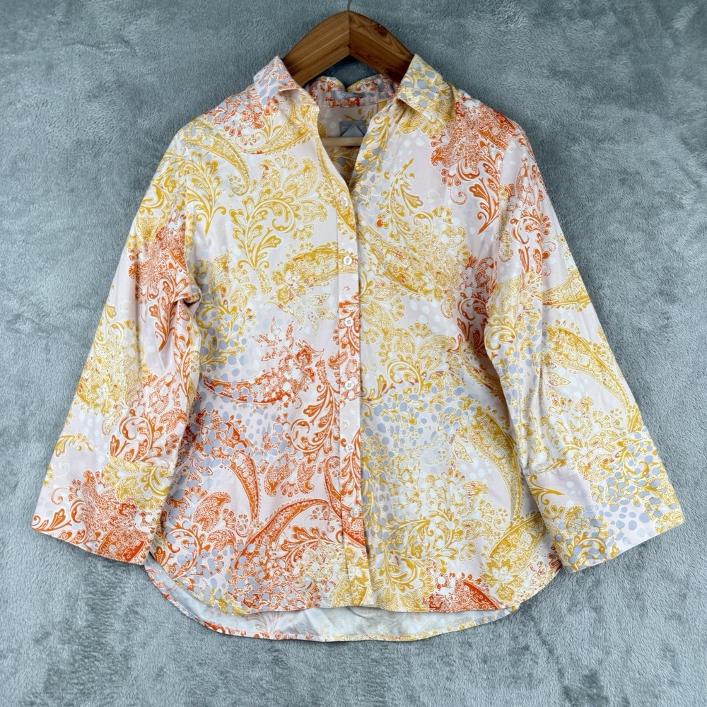 Chico's Button Up Shirt Womens 12 Yellow Orange Paisley Boho‎ Career Festival